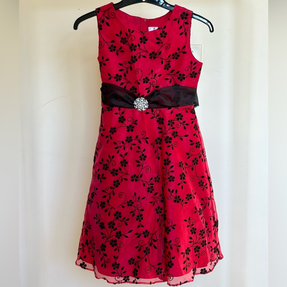 Rare Editions Red Sleeveless Dress with Black Floral Design
